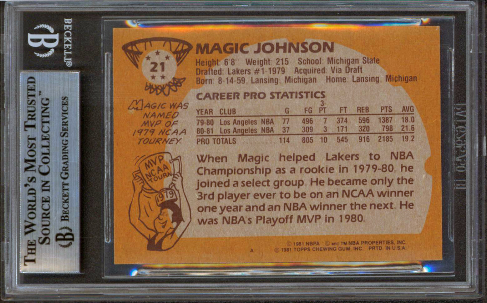 Lakers Magic Johnson Authentic Signed 1981 Topps #21 Card Autographed BAS Slab