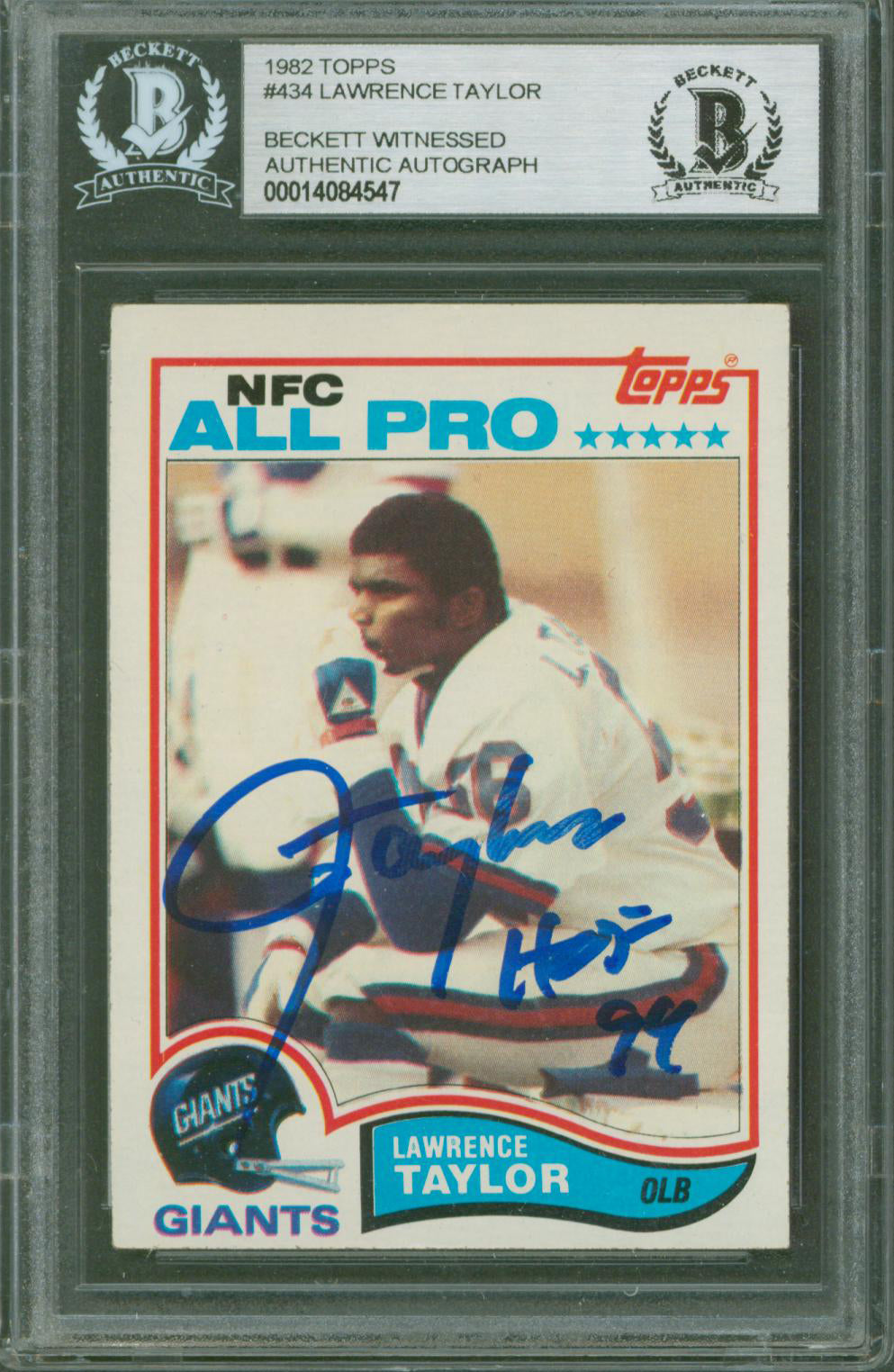 Giants Lawrence Taylor Authentic Signed 1982 Topps #434 Card BAS Slabbed
