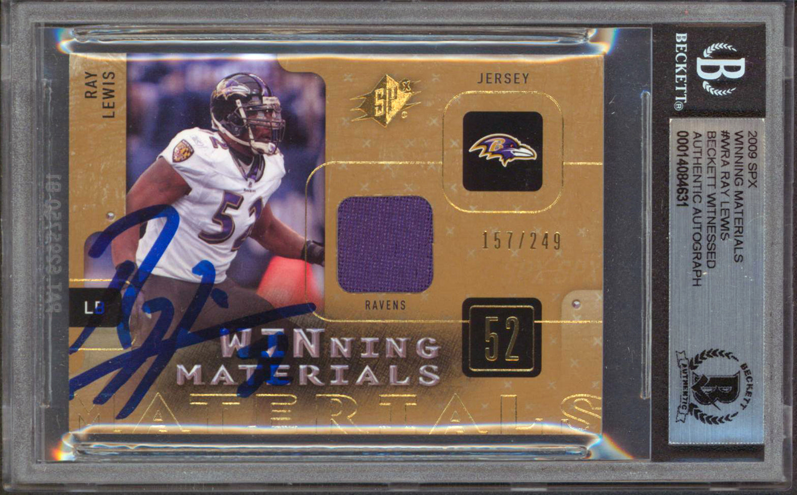 Ravens Ray Lewis Signed 2009 SPX Winning Materials #WRA 157/249 Card BAS Slabbed