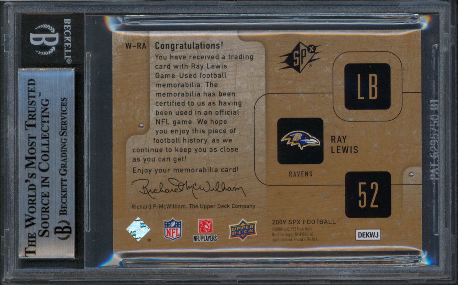 Ravens Ray Lewis Signed 2009 SPX Winning Materials #WRA 157/249 Card BAS Slabbed