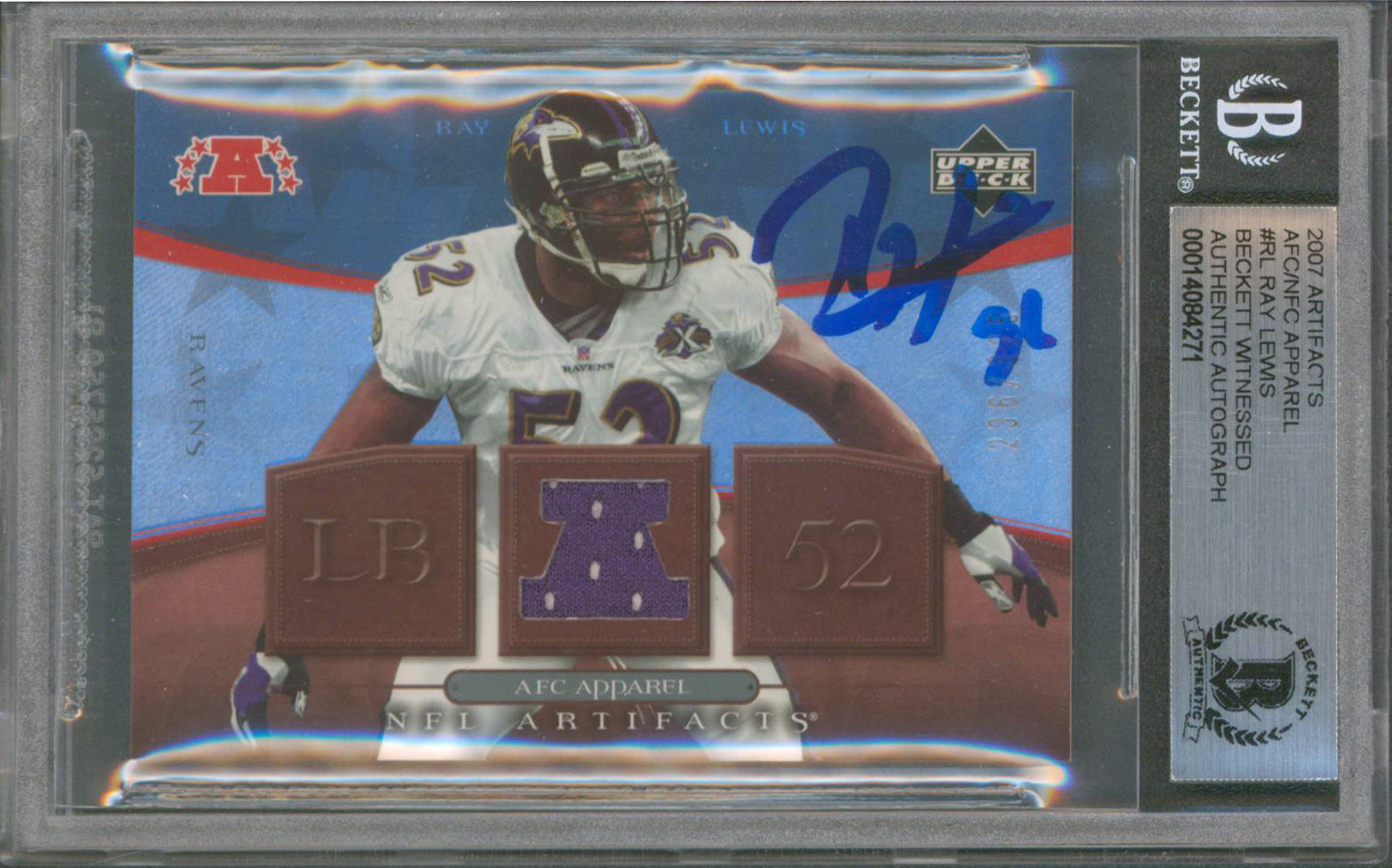 Ravens Ray Lewis Signed 2007 Artifacts AFC/NFC Apparel #RL 236/325 Card BAS Slab