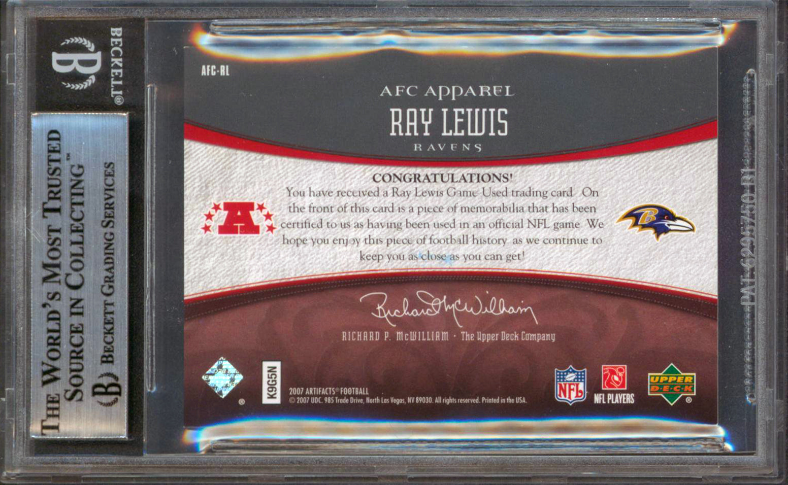 Ravens Ray Lewis Signed 2007 Artifacts AFC/NFC Apparel #RL 236/325 Card BAS Slab