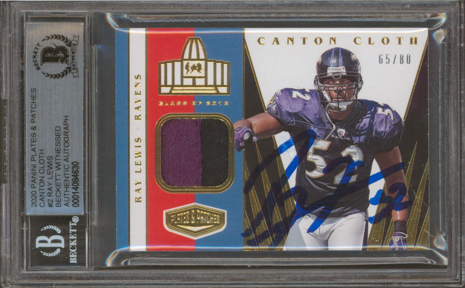 Ravens Ray Lewis Signed 2020 Panini P&P Canton Cloth #2 65/80 Card BAS Slabbed