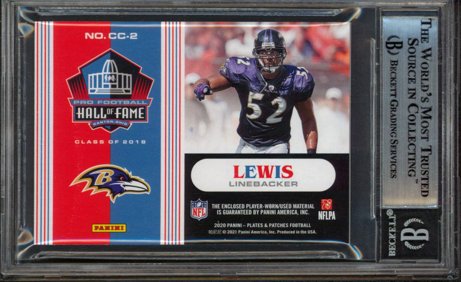 Ravens Ray Lewis Signed 2020 Panini P&P Canton Cloth #2 65/80 Card BAS Slabbed