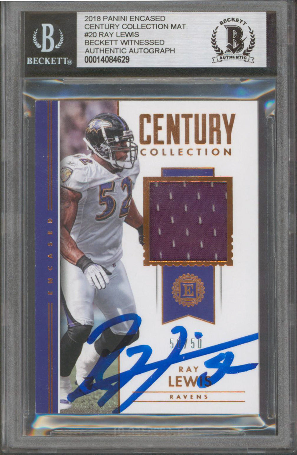 Ravens Ray Lewis Signed 2018 Panini EC Collection MAT #20 50/50 Card BAS Slabbed