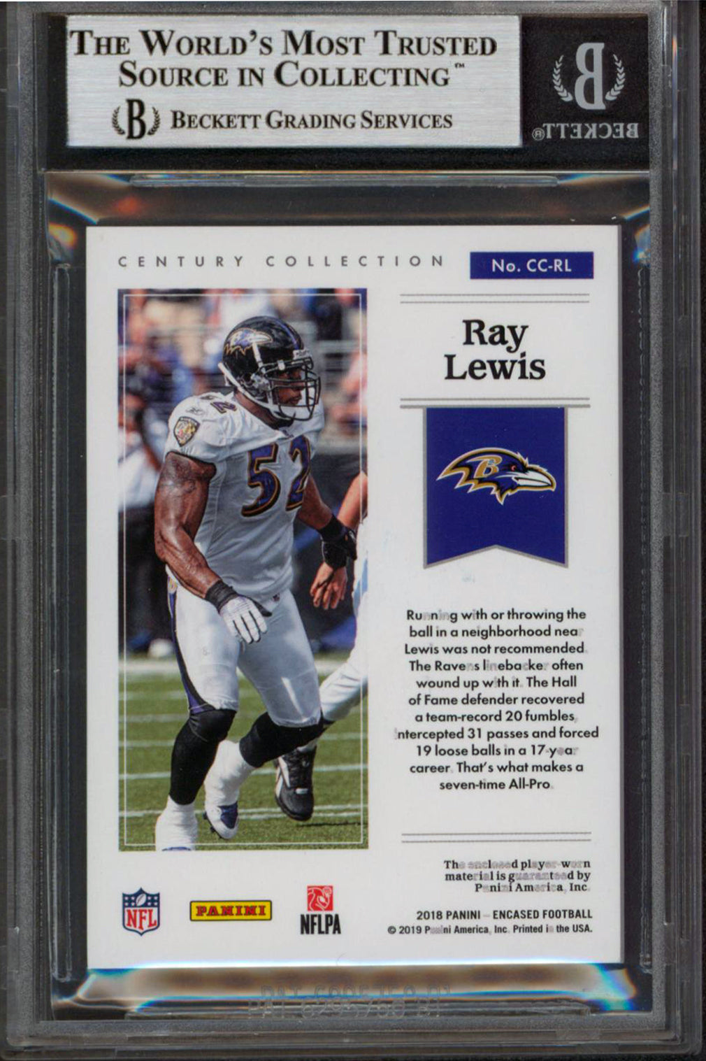 Ravens Ray Lewis Signed 2018 Panini EC Collection MAT #20 50/50 Card BAS Slabbed