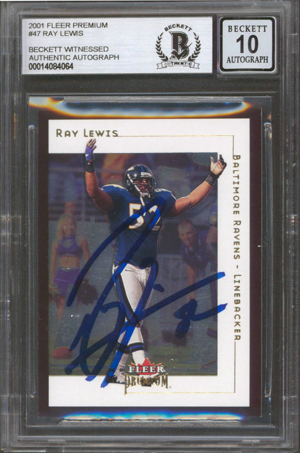 Ravens Ray Lewis Signed 2001 Fleer Premium #47 Card Auto Mint 10! BAS Slabbed