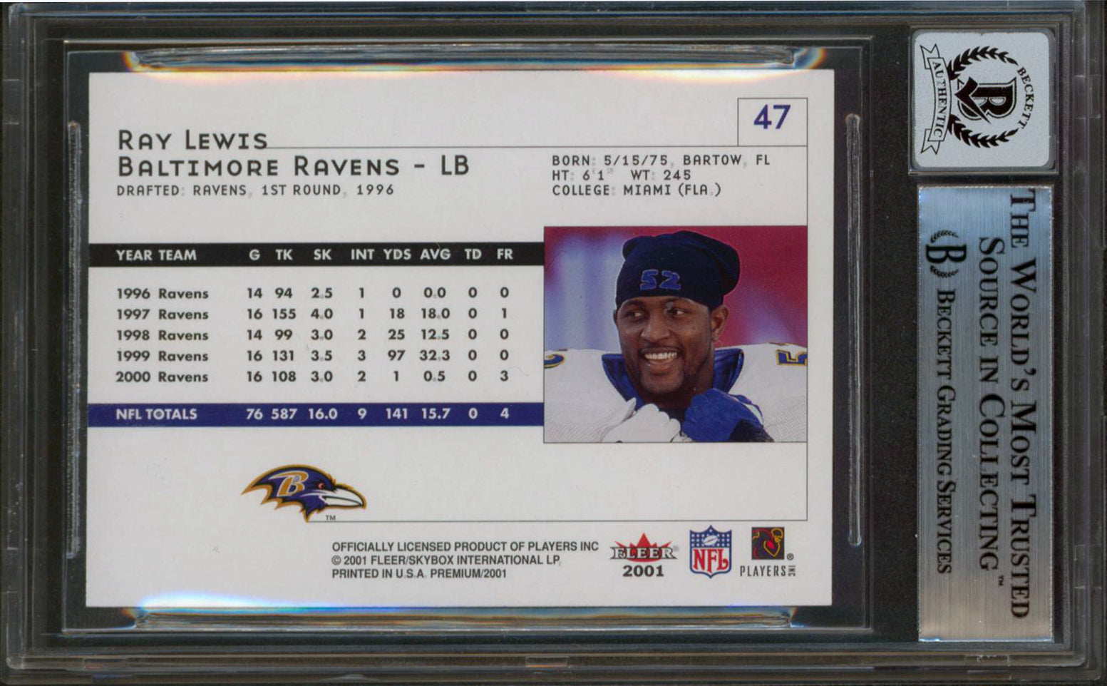 Ravens Ray Lewis Signed 2001 Fleer Premium #47 Card Auto Mint 10! BAS Slabbed