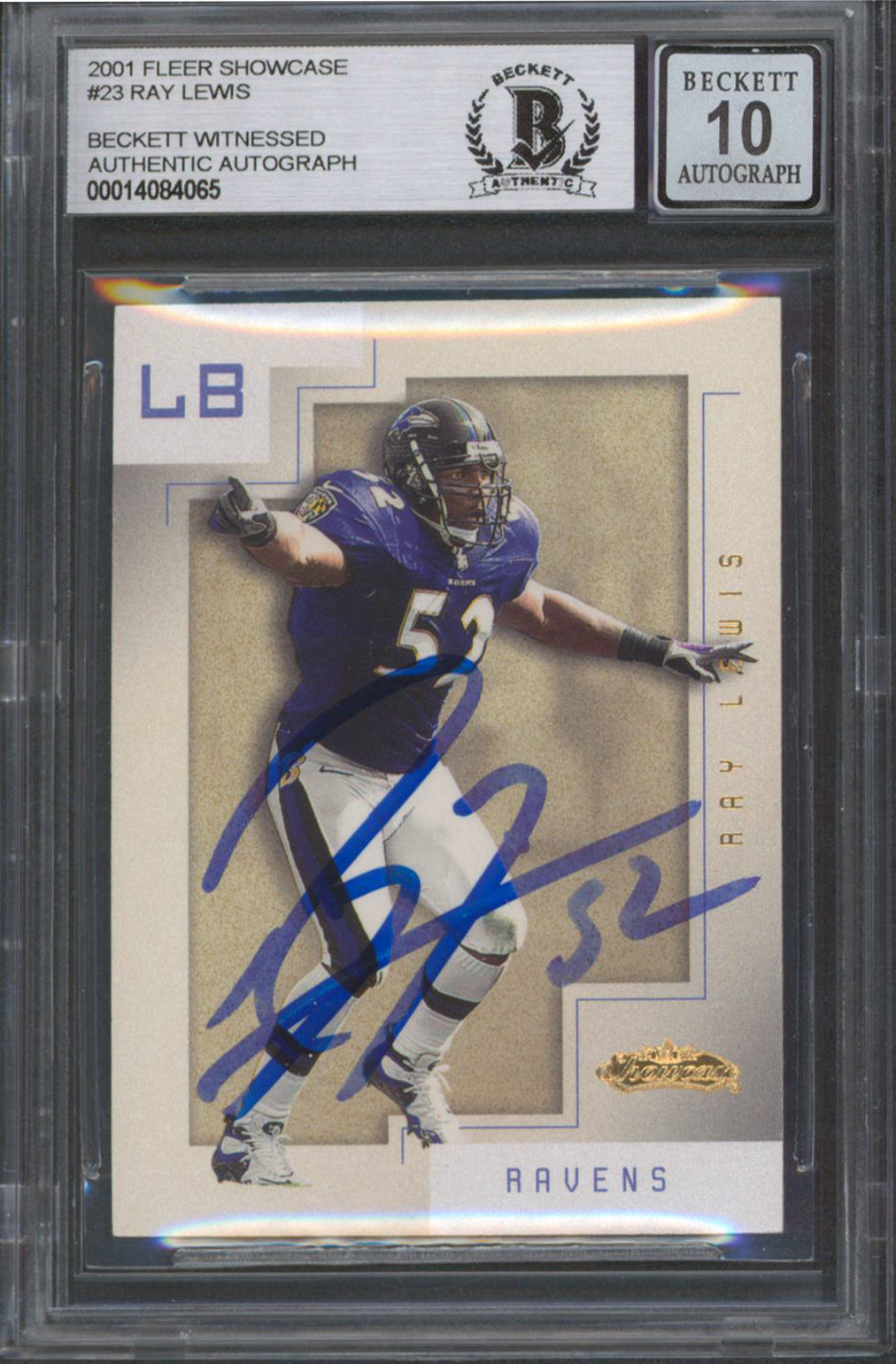 Ravens Ray Lewis Signed 2001 Fleer Showcase #23 Card Auto Mint 10! BAS Slabbed