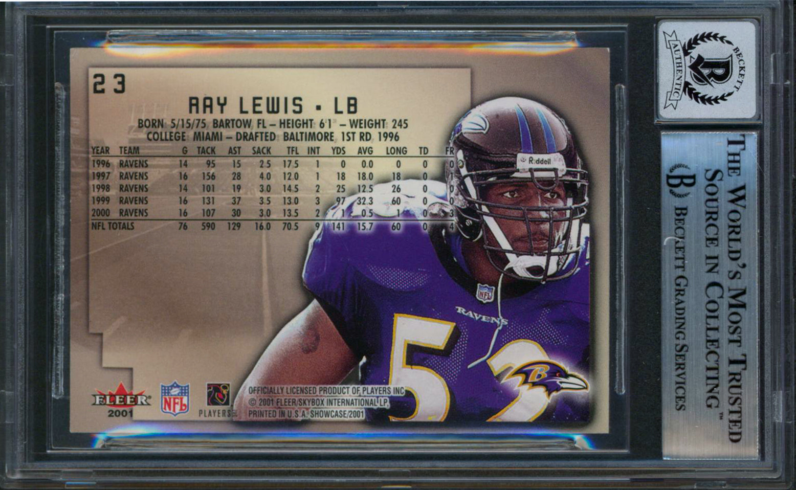 Ravens Ray Lewis Signed 2001 Fleer Showcase #23 Card Auto Mint 10! BAS Slabbed