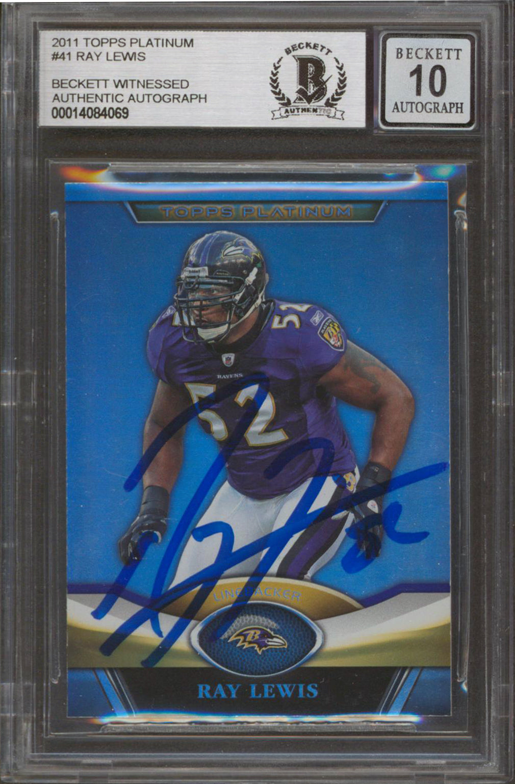 Ravens Ray Lewis Signed 2011 Topps Platinum #41 Card Auto Mint 10! BAS Slabbed