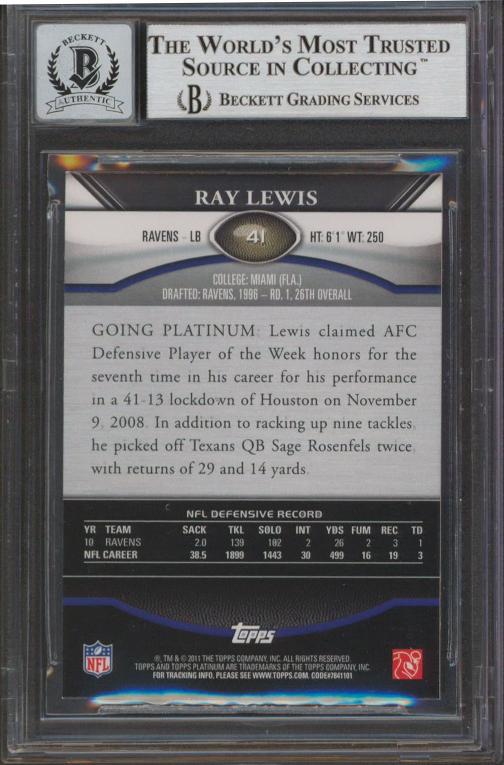 Ravens Ray Lewis Signed 2011 Topps Platinum #41 Card Auto Mint 10! BAS Slabbed