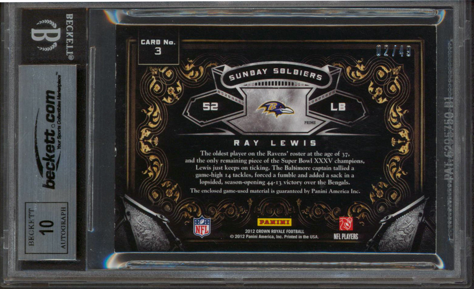 Ravens Ray Lewis Signed 2012 Crown Royale SS MP #3 #2/49 Card Auto 10! BAS Slab