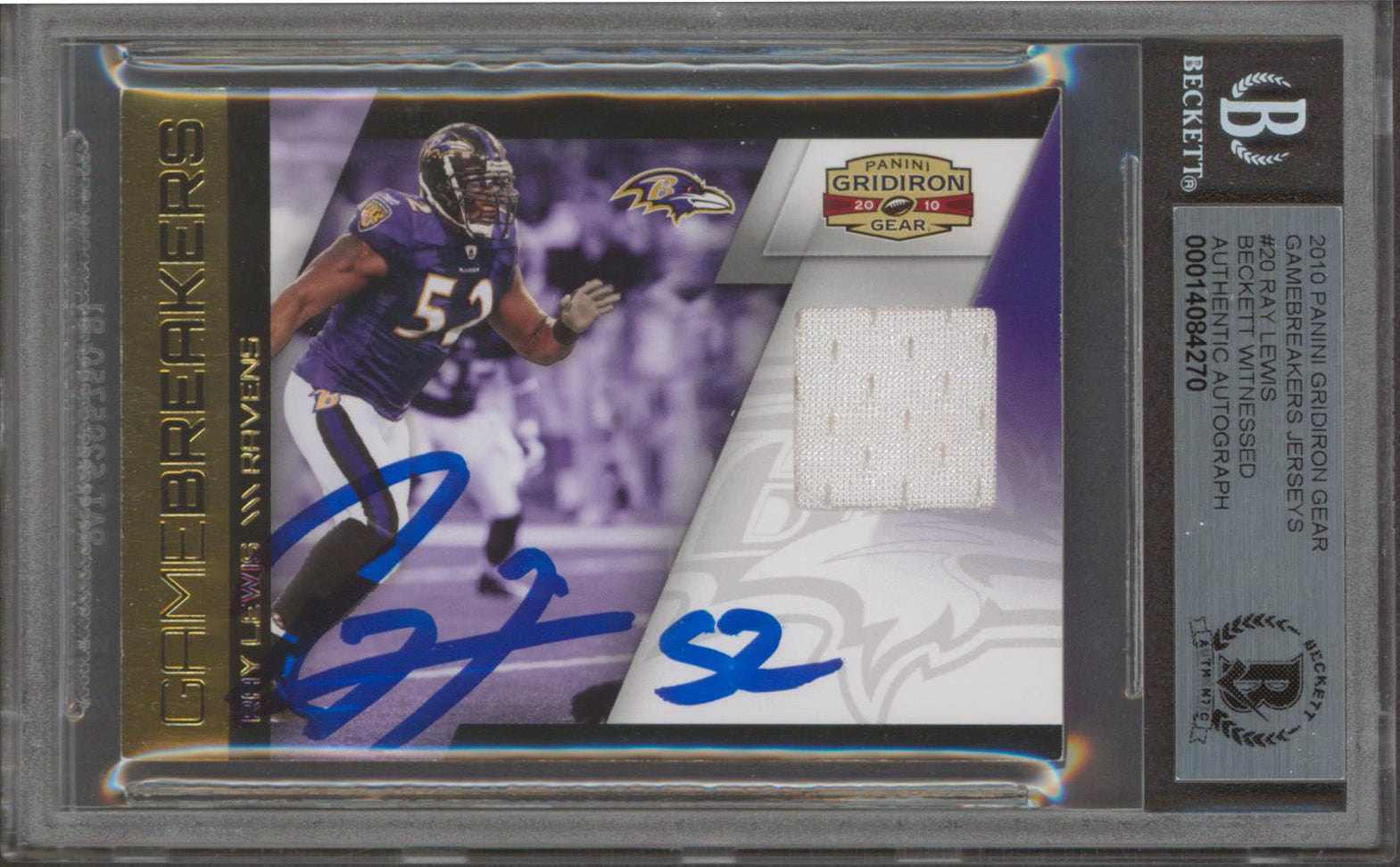 Ravens Ray Lewis Signed 2010 Panini GG GJ #20 85/150 Card Auto 10! BAS Slabbed