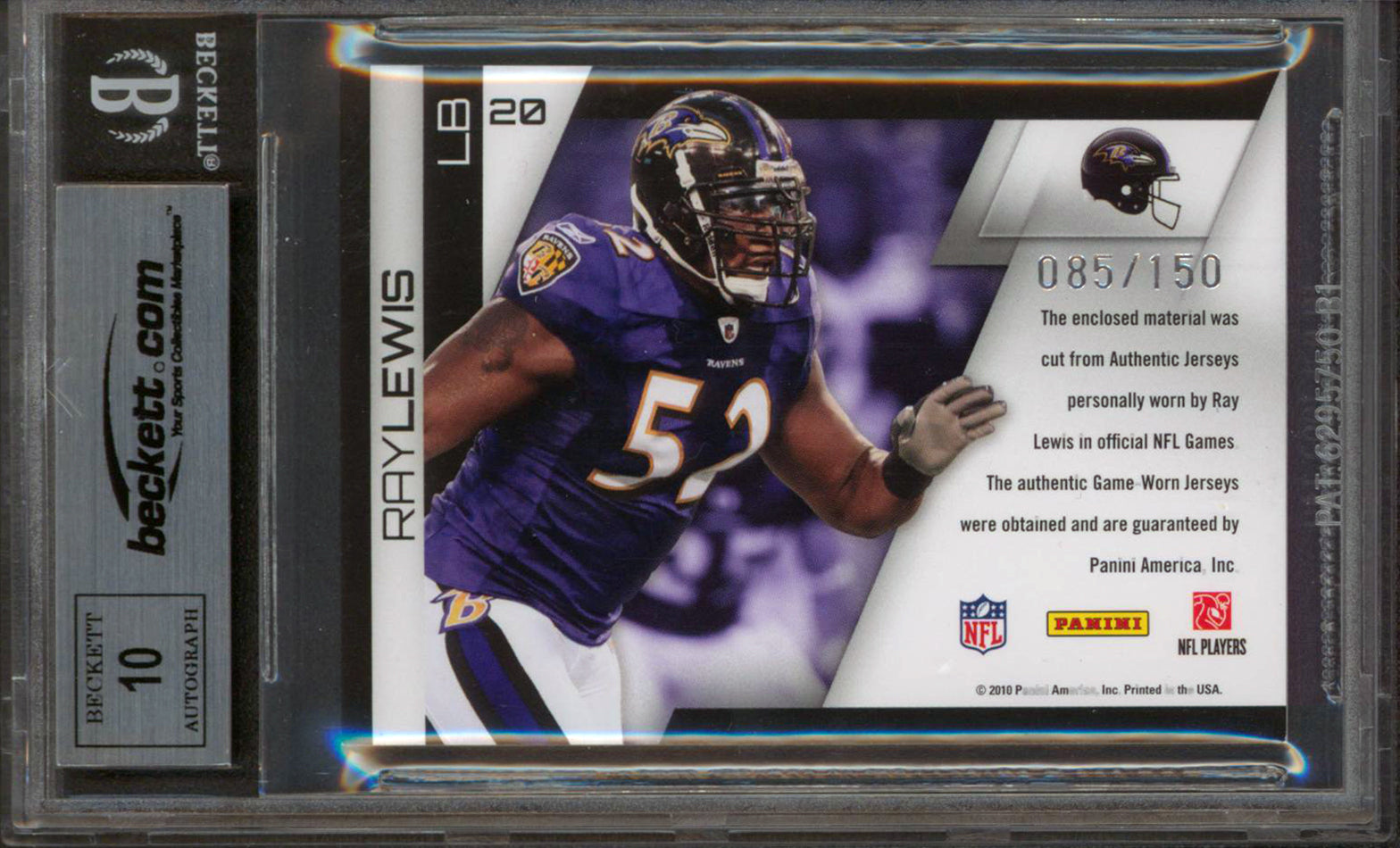 Ravens Ray Lewis Signed 2010 Panini GG GJ #20 85/150 Card Auto 10! BAS Slabbed