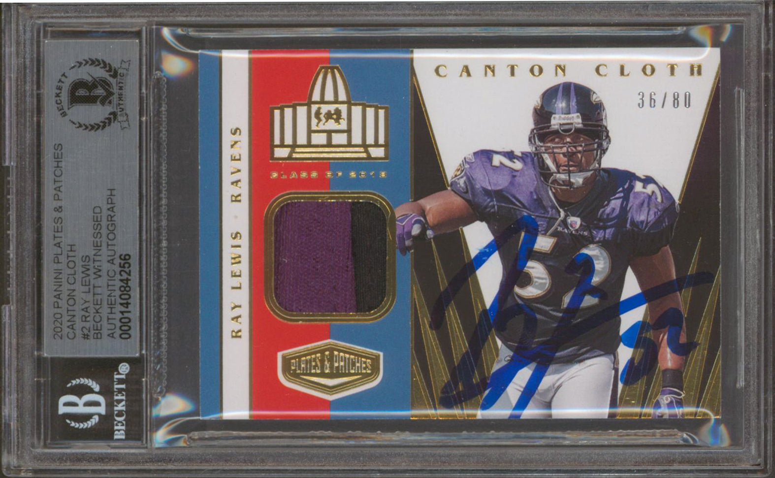 Ravens Ray Lewis Signed 2020 Panini P&P CC #2 36/80 Card Auto Gem 10! BAS Slab