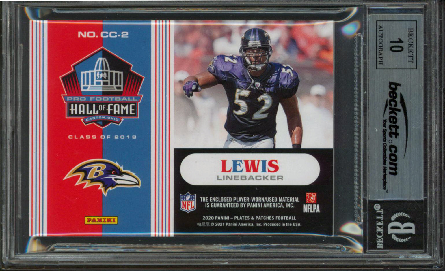 Ravens Ray Lewis Signed 2020 Panini P&P CC #2 36/80 Card Auto Gem 10! BAS Slab