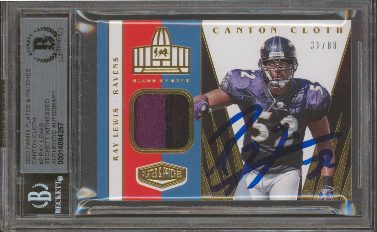 Ravens Ray Lewis Signed 2020 Panini P&P CC #2 31/80 Card Auto Gem 10! BAS Slab