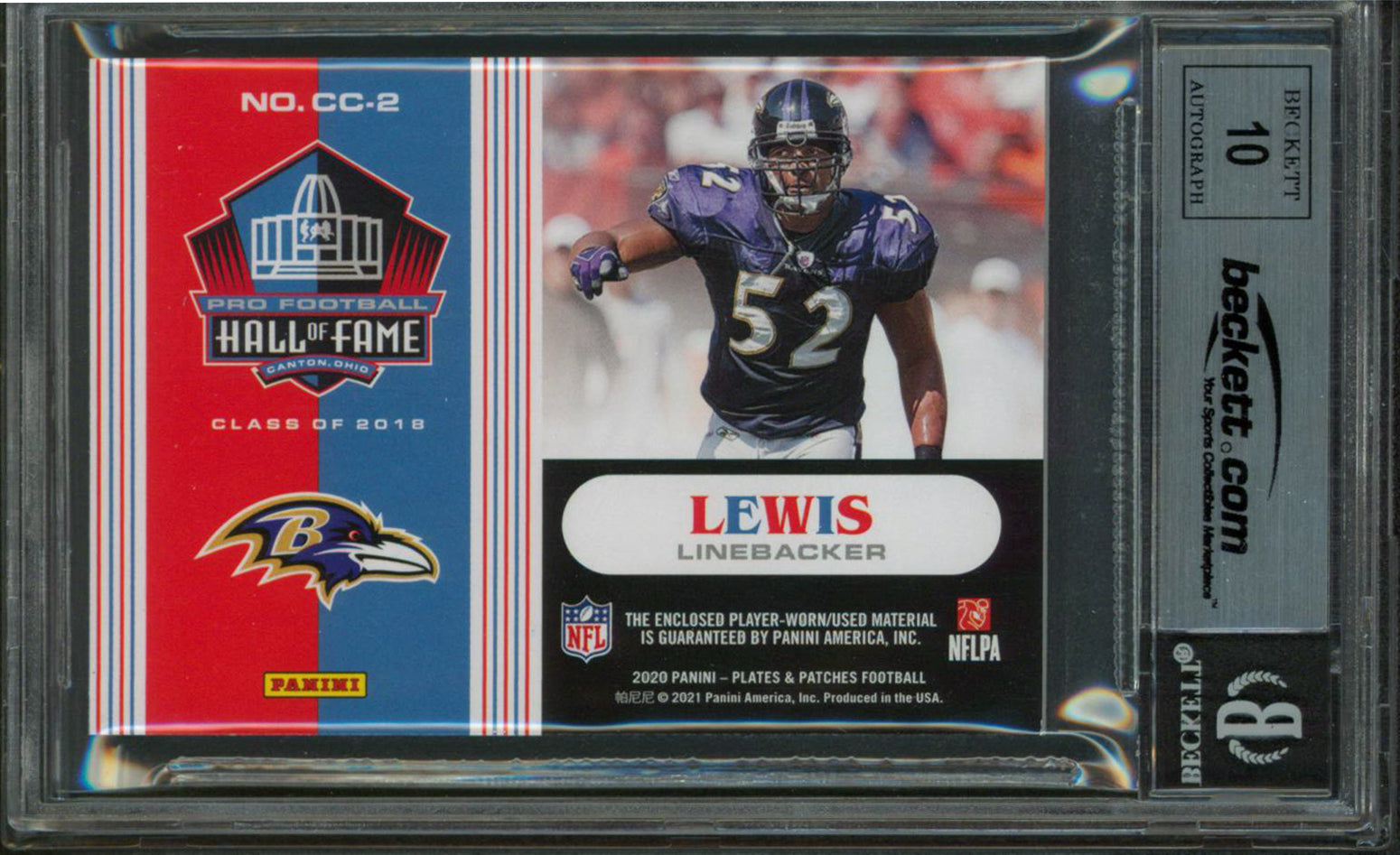 Ravens Ray Lewis Signed 2020 Panini P&P CC #2 31/80 Card Auto Gem 10! BAS Slab