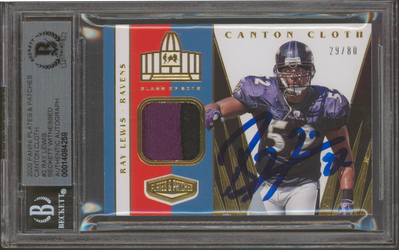 Ravens Ray Lewis Signed 2020 Panini PP CC #2 Card Auto Gem 10! BAS Slabbed