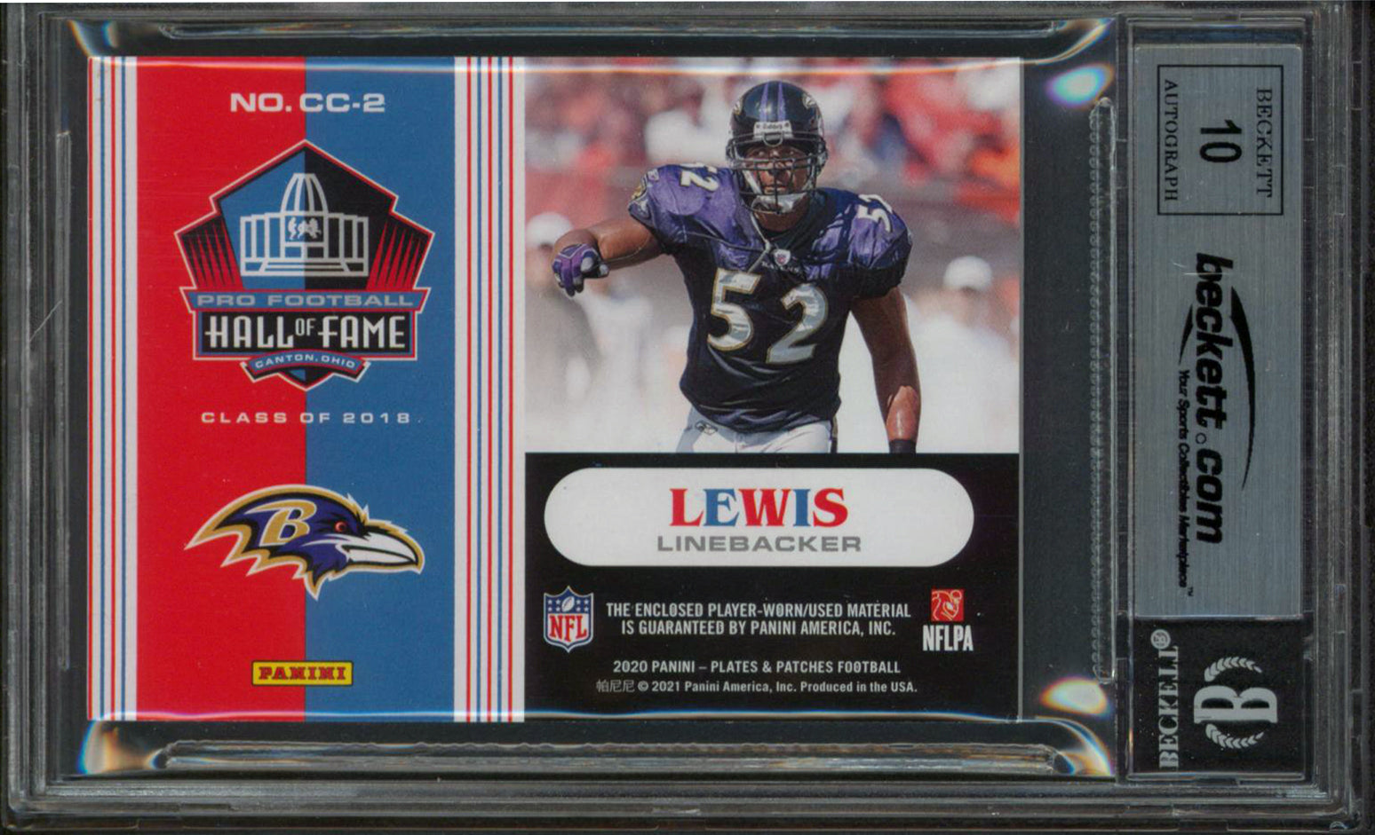 Ravens Ray Lewis Signed 2020 Panini PP CC #2 Card Auto Gem 10! BAS Slabbed