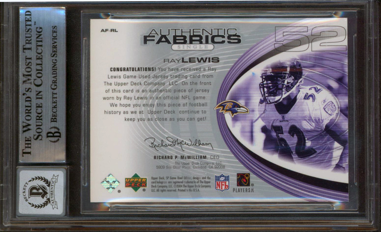 Ravens Ray Lewis Signed 2004 SP Game Used Ed AF #AFRL Card Auto 10! BAS Slabbed