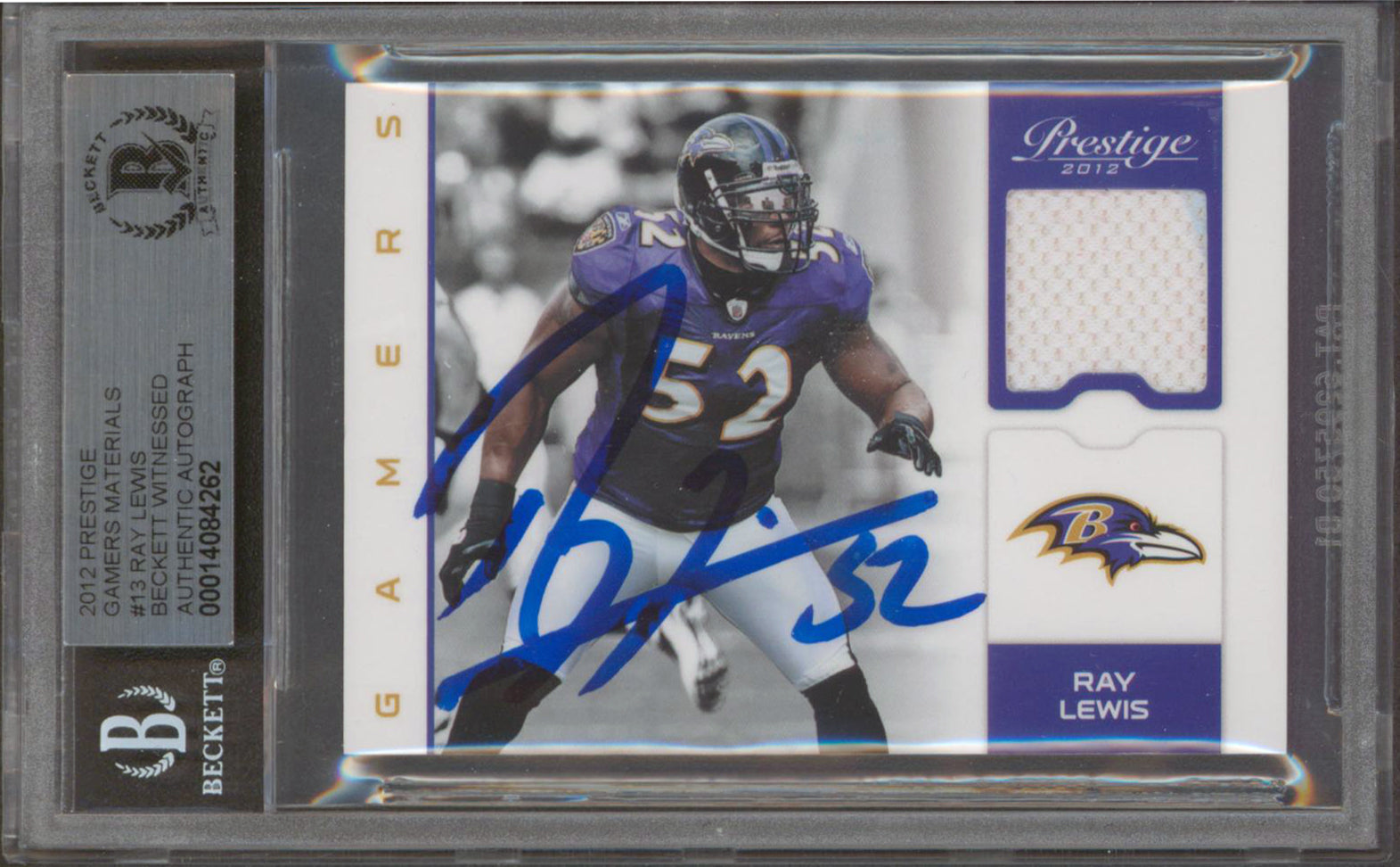 Ravens Ray Lewis Signed 2012 Prestige Game Materials #13 Card Auto 10! BAS Slab