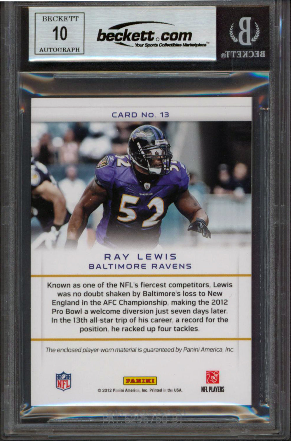 Ravens Ray Lewis Signed 2012 Prestige Game Materials #13 Card Auto 10! BAS Slab