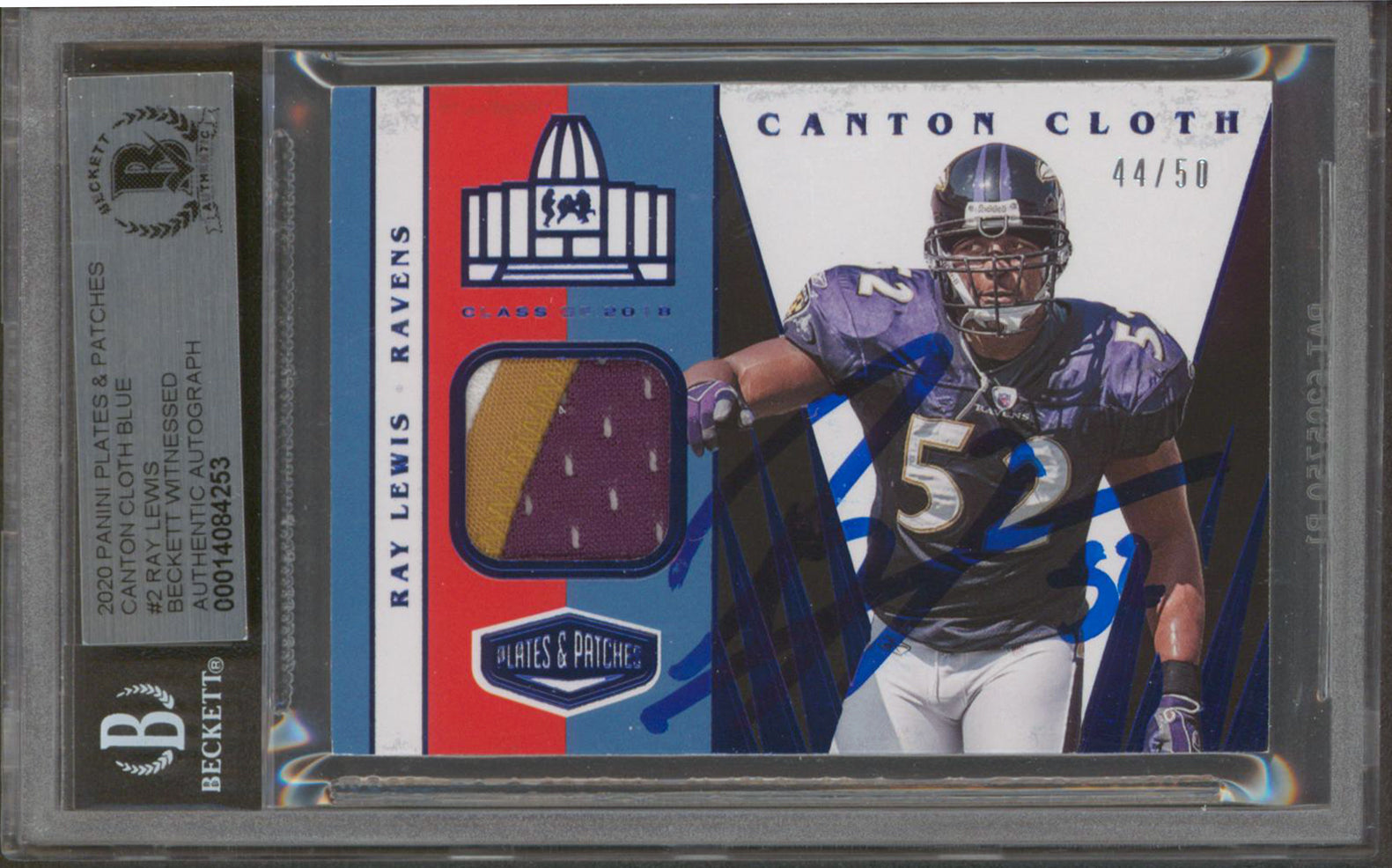 Ravens Ray Lewis Signed 2020 Panini P&P CC Blue #2 44/50 Card Auto 10! BAS Slab