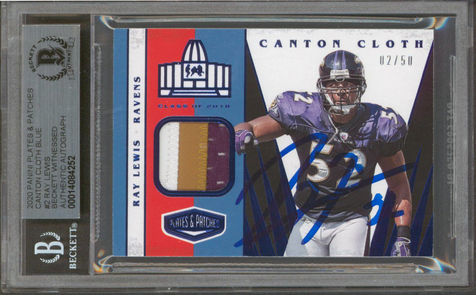 Ravens Ray Lewis Signed 2020 Panini P&P CC Blue #2 2/50 Card Auto 10! BAS Slab