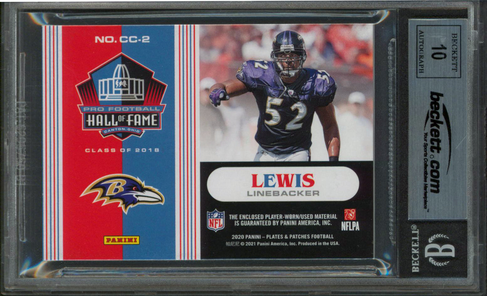 Ravens Ray Lewis Signed 2020 Panini P&P CC Blue #2 2/50 Card Auto 10! BAS Slab