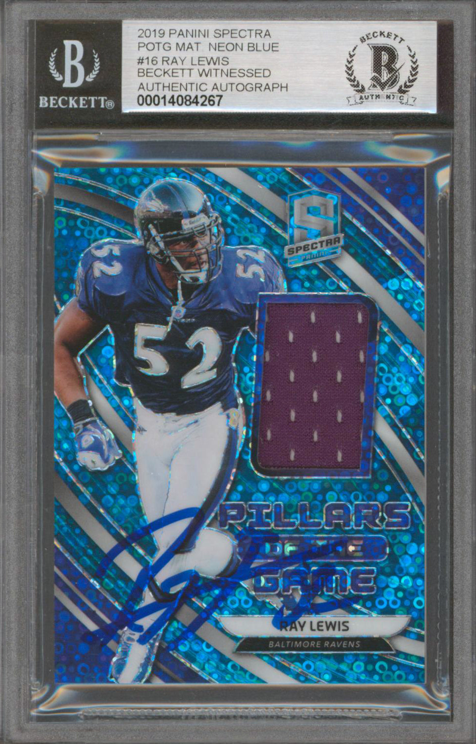 Ray Lewis Signed 2019 Panini Spectra POTG Neon Blue #16 Card Auto 10 BAS Slabbed