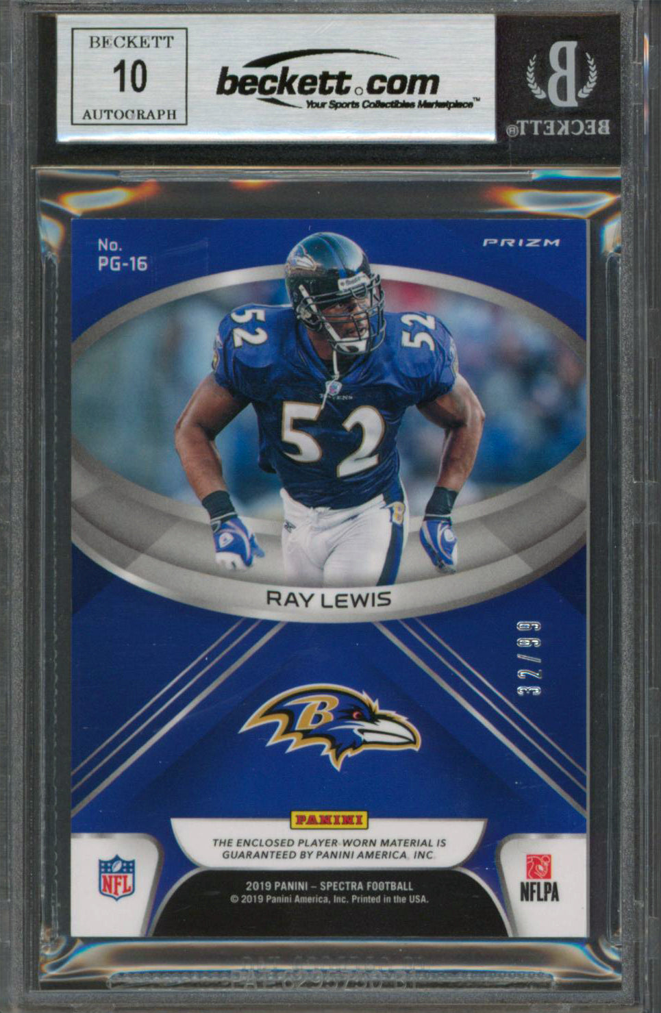 Ray Lewis Signed 2019 Panini Spectra POTG Neon Blue #16 Card Auto 10 BAS Slabbed