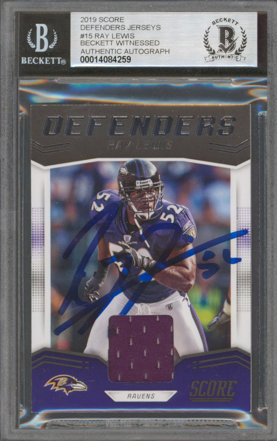 Ravens Ray Lewis Signed 2019 Score Defenders Jerseys #15 Card Auto 10! BAS Slab