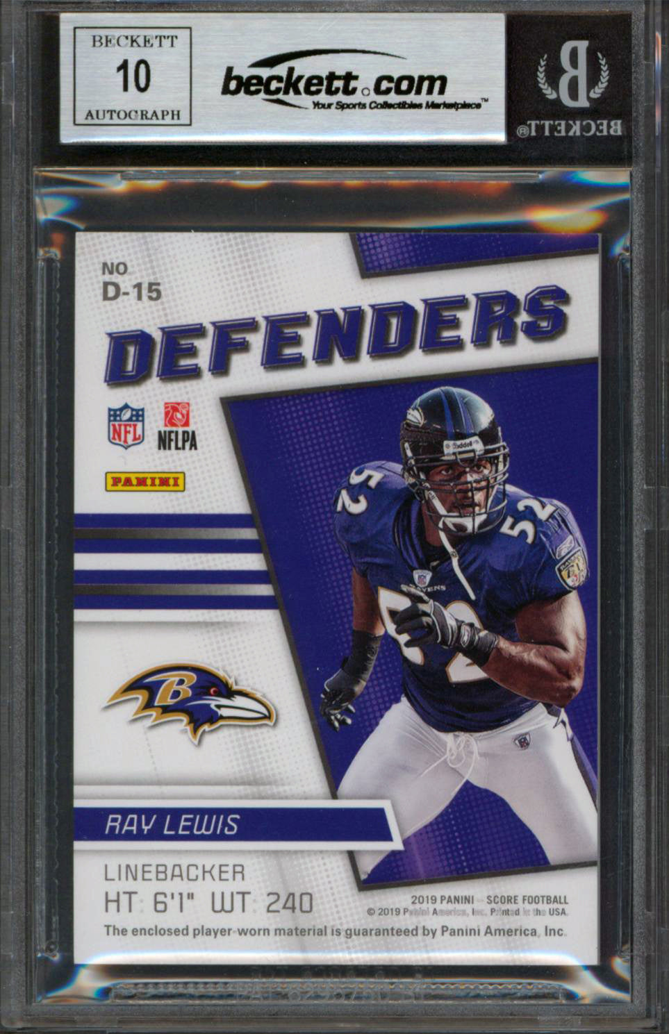 Ravens Ray Lewis Signed 2019 Score Defenders Jerseys #15 Card Auto 10! BAS Slab