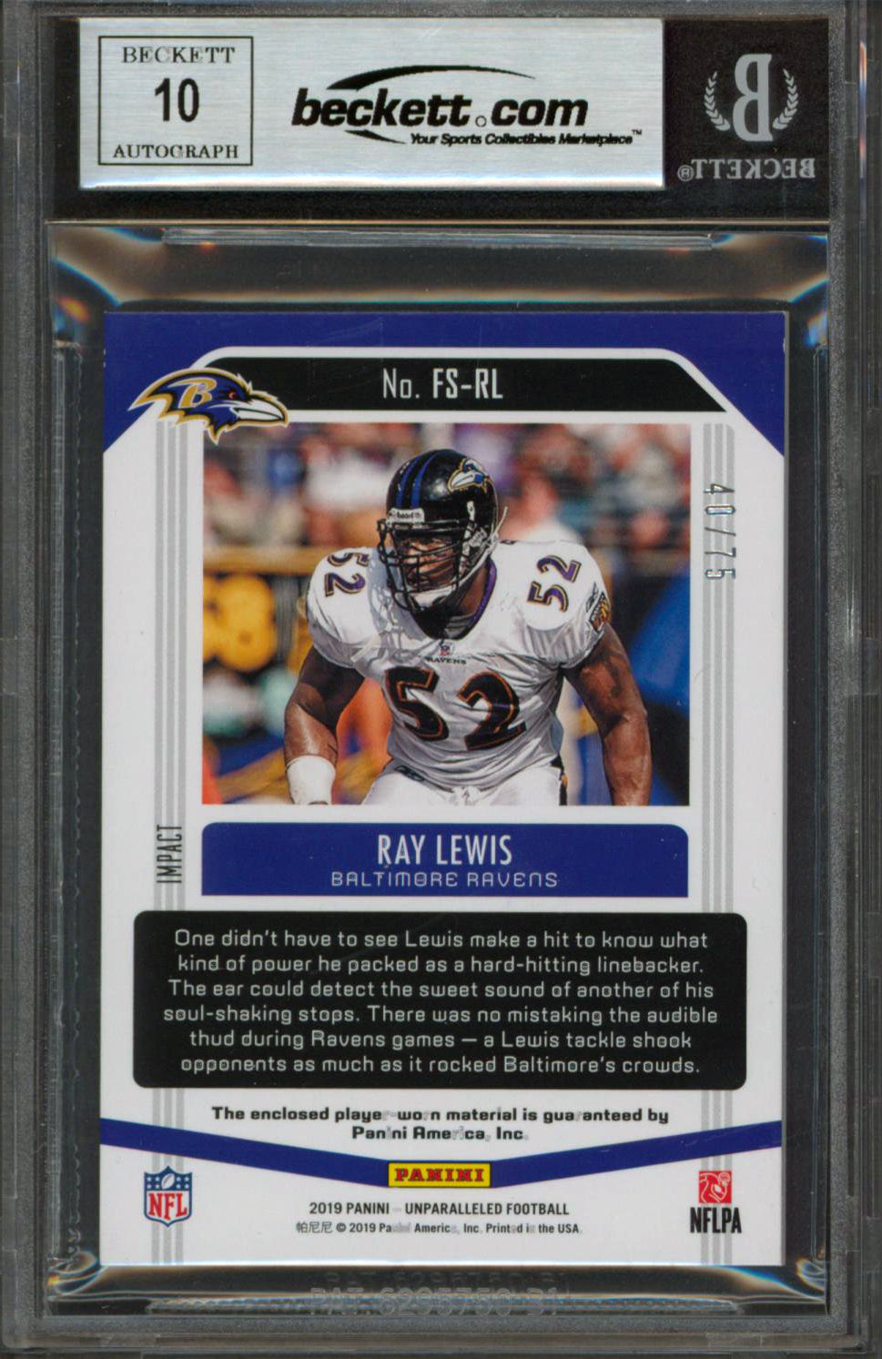 Ravens Ray Lewis Signed 2019 Panini Unparalleled FOSI #4 Card Auto 10! BAS Slab