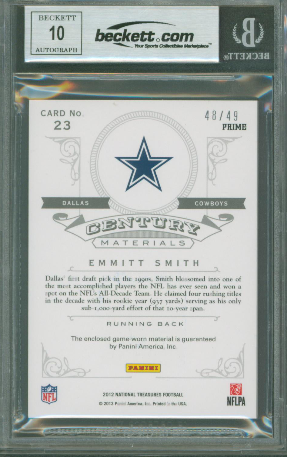 Cowboys Emmitt Smith Authentic Signed 2012 National Treasures #23 Card BAS Slab