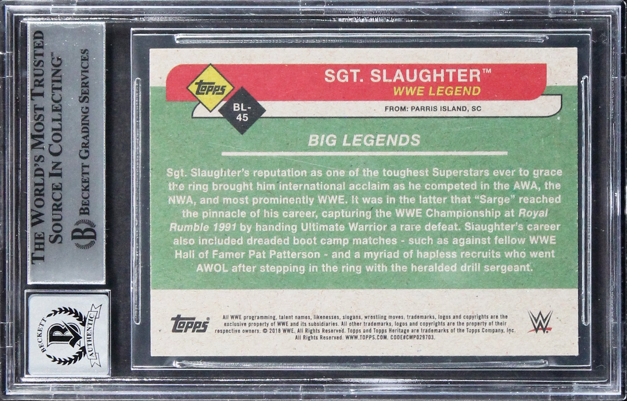 Sgt. Slaughter Signed 2018 Topps Heritage WWE BL #BL45 Card Auto 10! BAS Slabbed