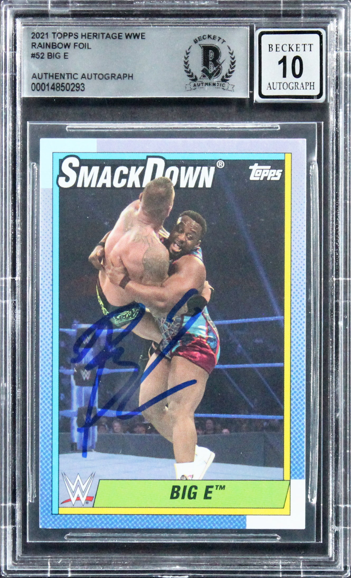 Big E Signed 2021 Topps Heritage WWE Rainbow Foil #52 Card Auto 10! BAS Slabbed