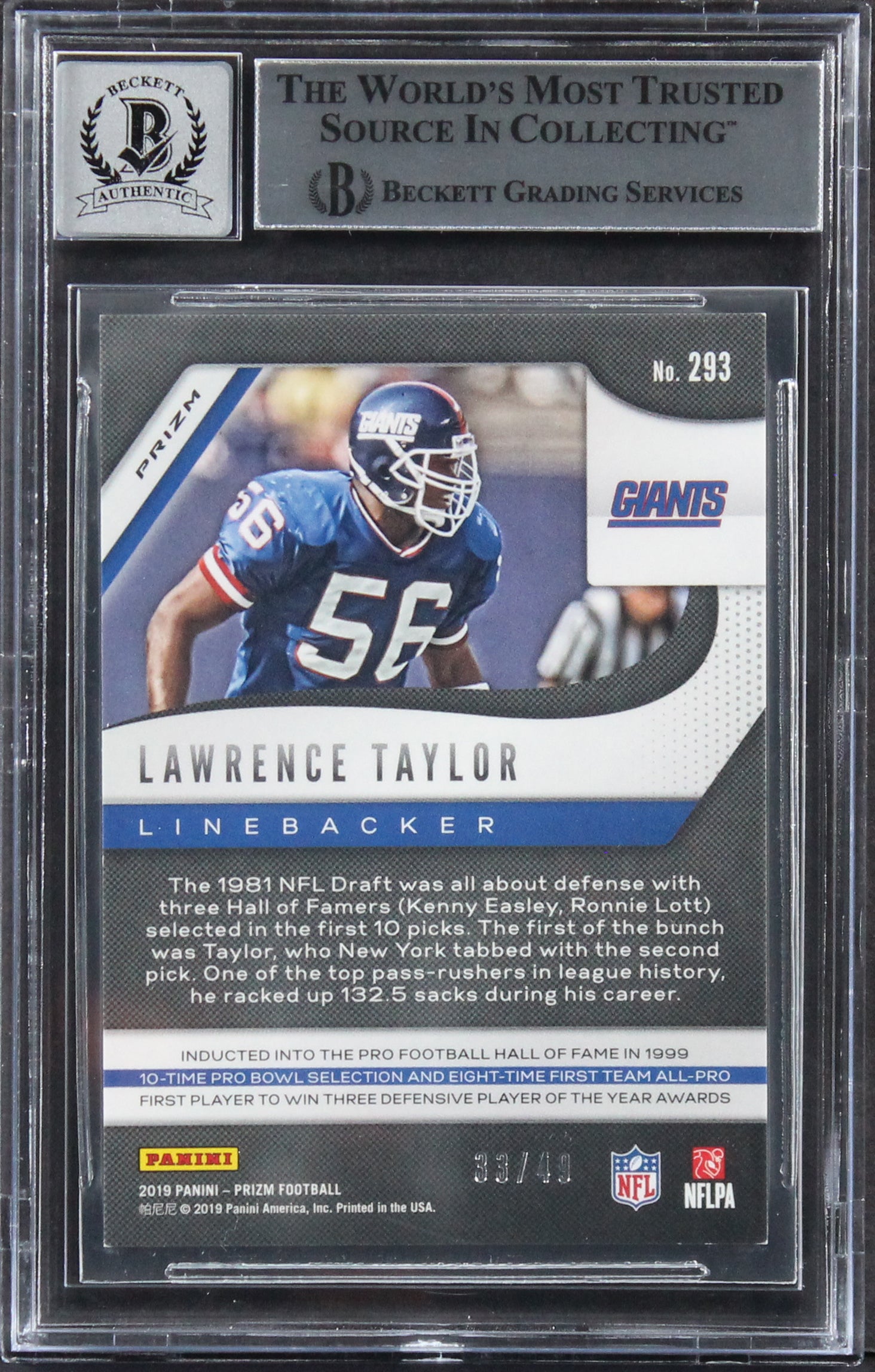 Lawrence Taylor Signed 2019 Panini Prizm Purple Power #293 Card Auto 10 BAS Slab