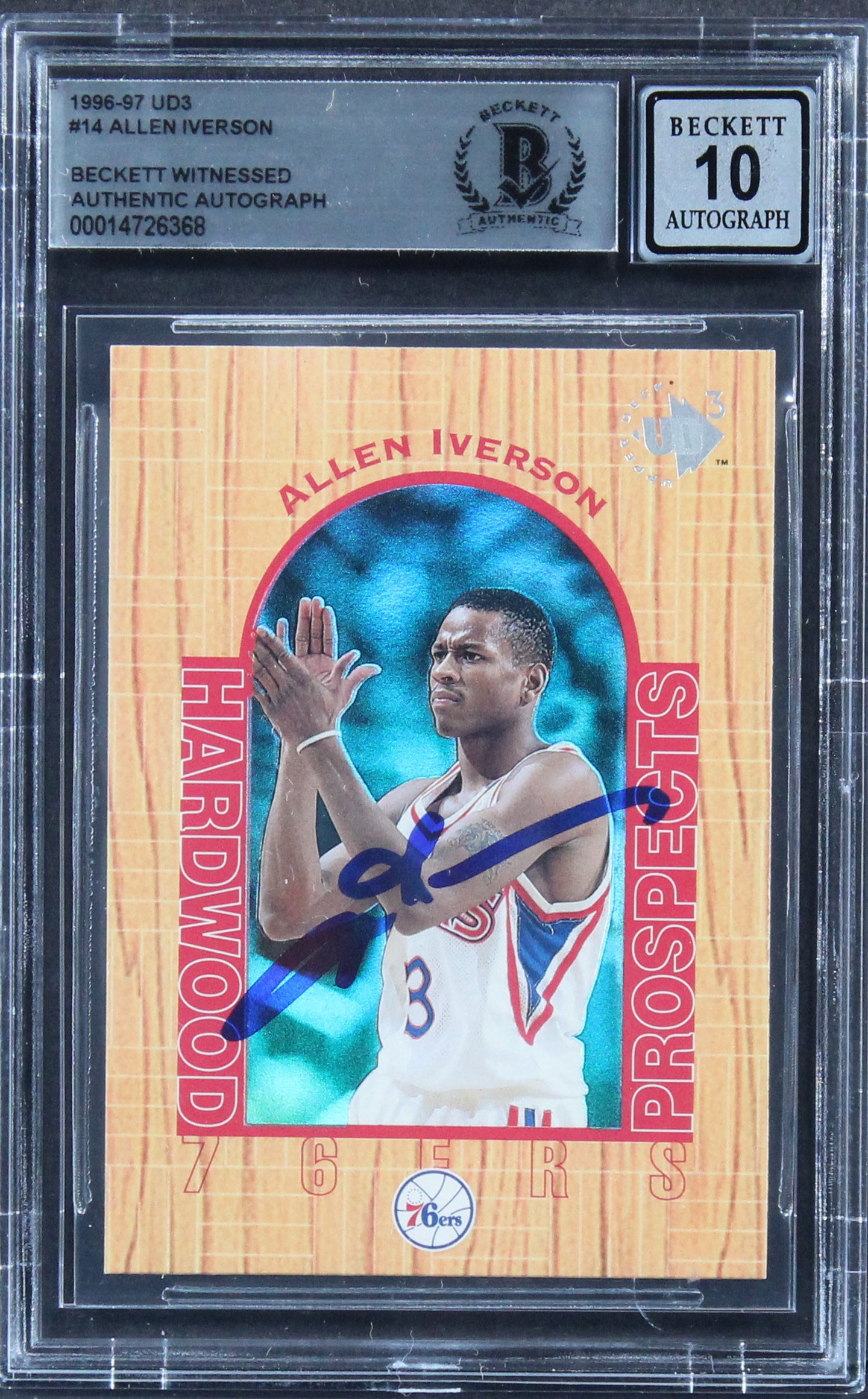 76ers Allen Iverson Signed 1996 UD3 #14 Rookie Card Auto Graded 10! BAS Slabbed