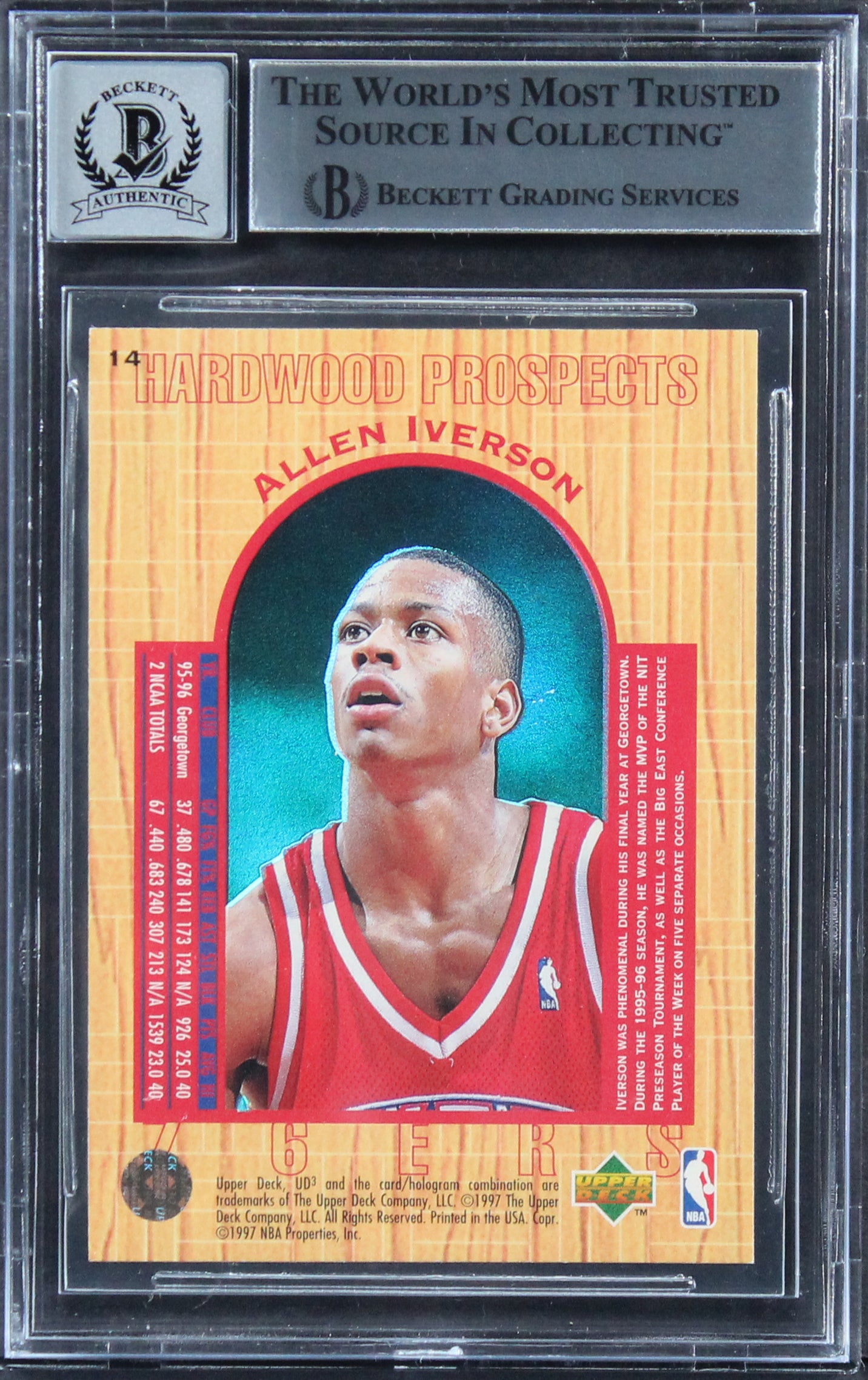 76ers Allen Iverson Signed 1996 UD3 #14 Rookie Card Auto Graded 10! BAS Slabbed