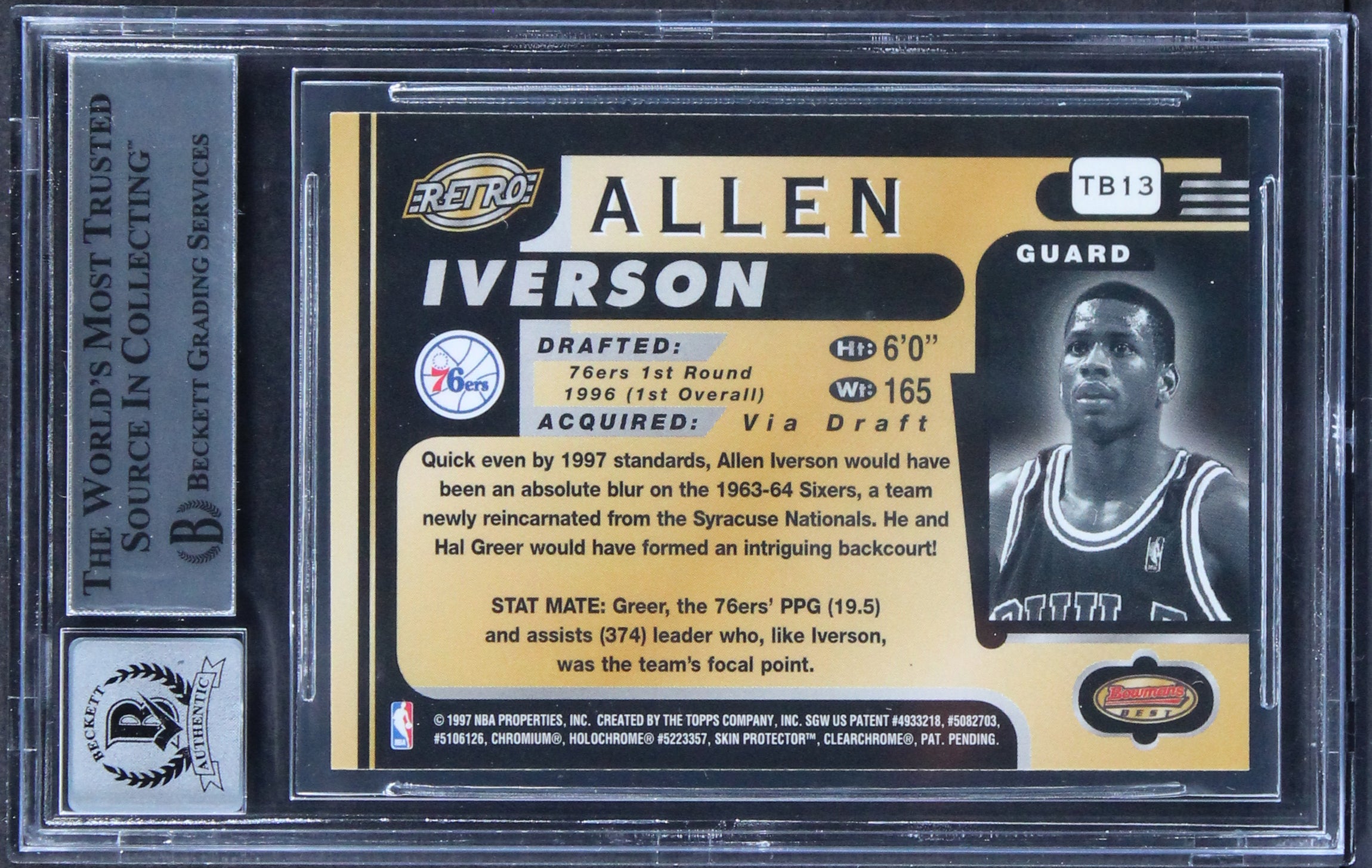 76ers Allen Iverson Signed 1996 Bowman's Best #TB13 Rookie Card Auto 10 BAS Slab