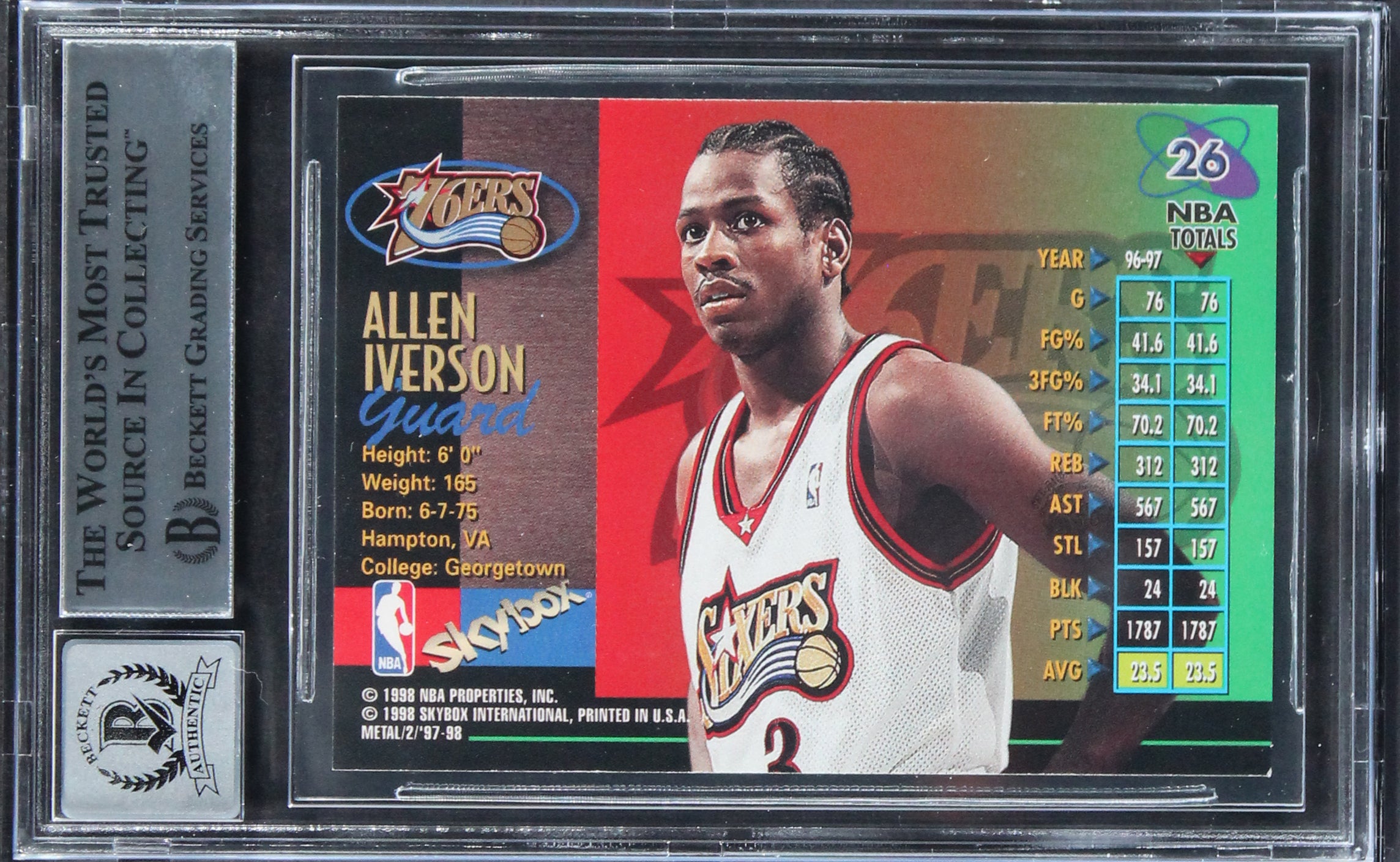 76ers Allen Iverson Signed 1997 Metal Universe Championship #26 Card BAS Slabbed