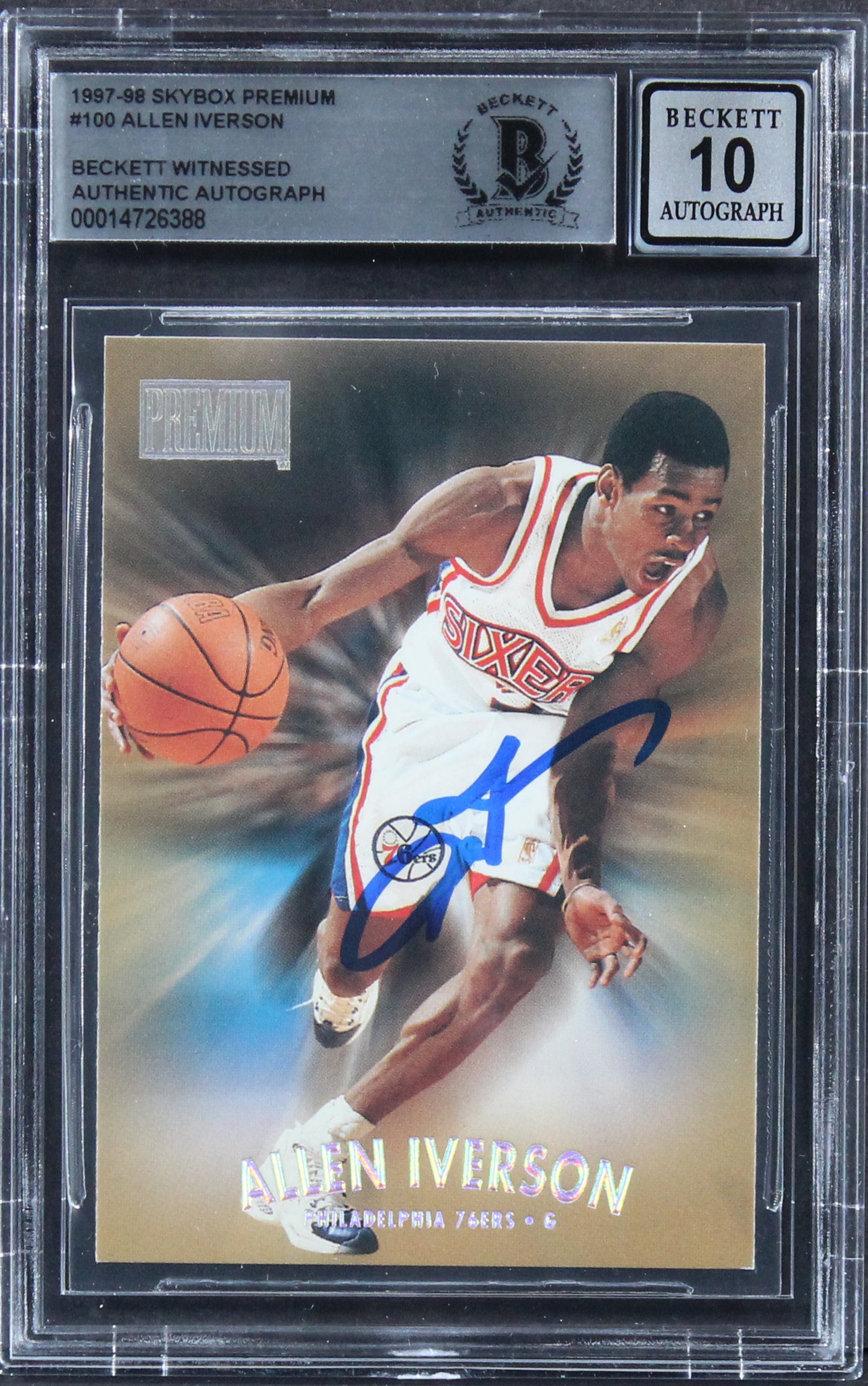 76ers Allen Iverson Signed 1997 Skybox Premium #100 Card Auto 10! BAS Slabbed
