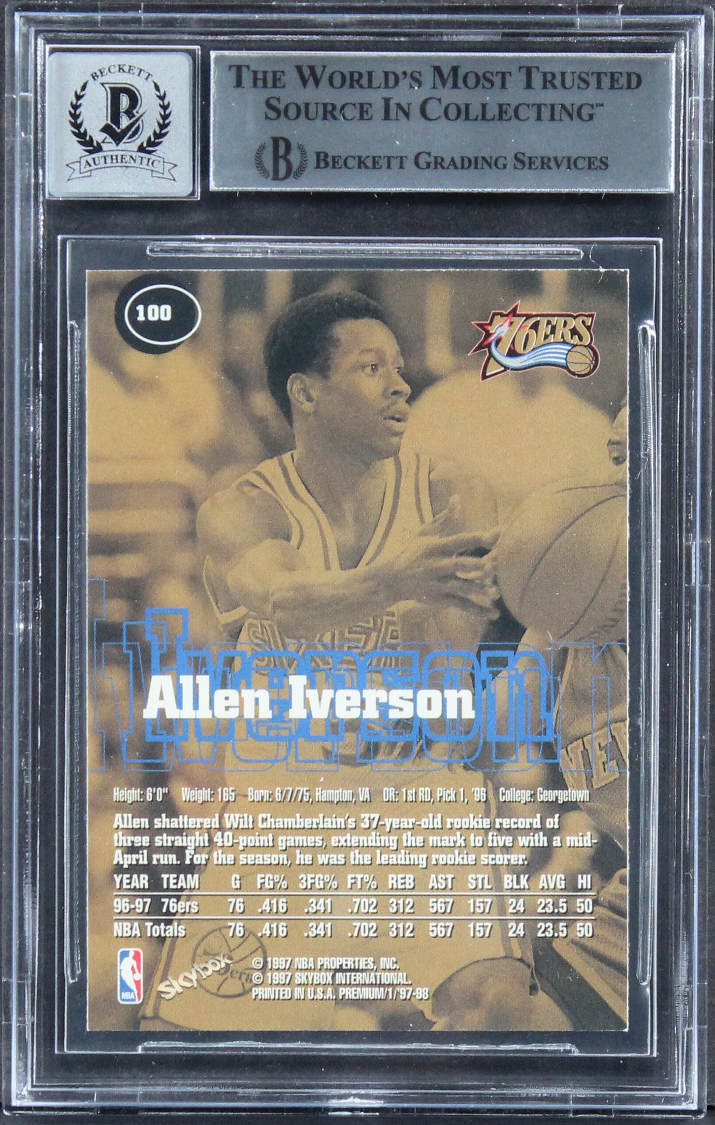 76ers Allen Iverson Signed 1997 Skybox Premium #100 Card Auto 10! BAS Slabbed