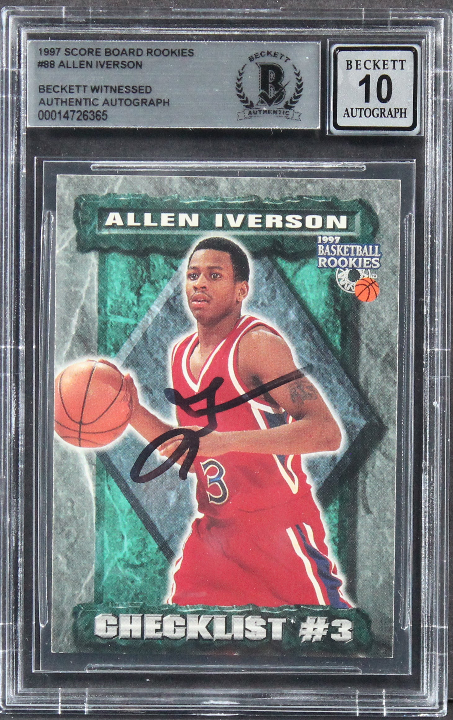 76ers Allen Iverson Signed 1997 Scoreboard Rookies #89 Card Auto 10! BAS Slabbed