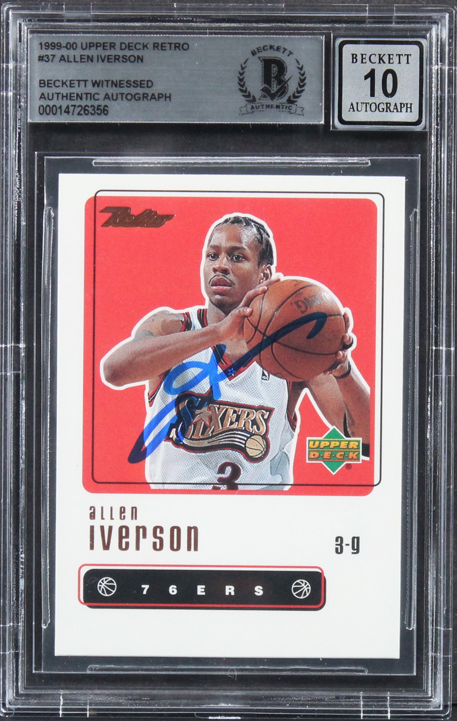 76ers Allen Iverson Signed 1999 Upper Deck Retro #37 Card Auto 10! BAS Slabbed