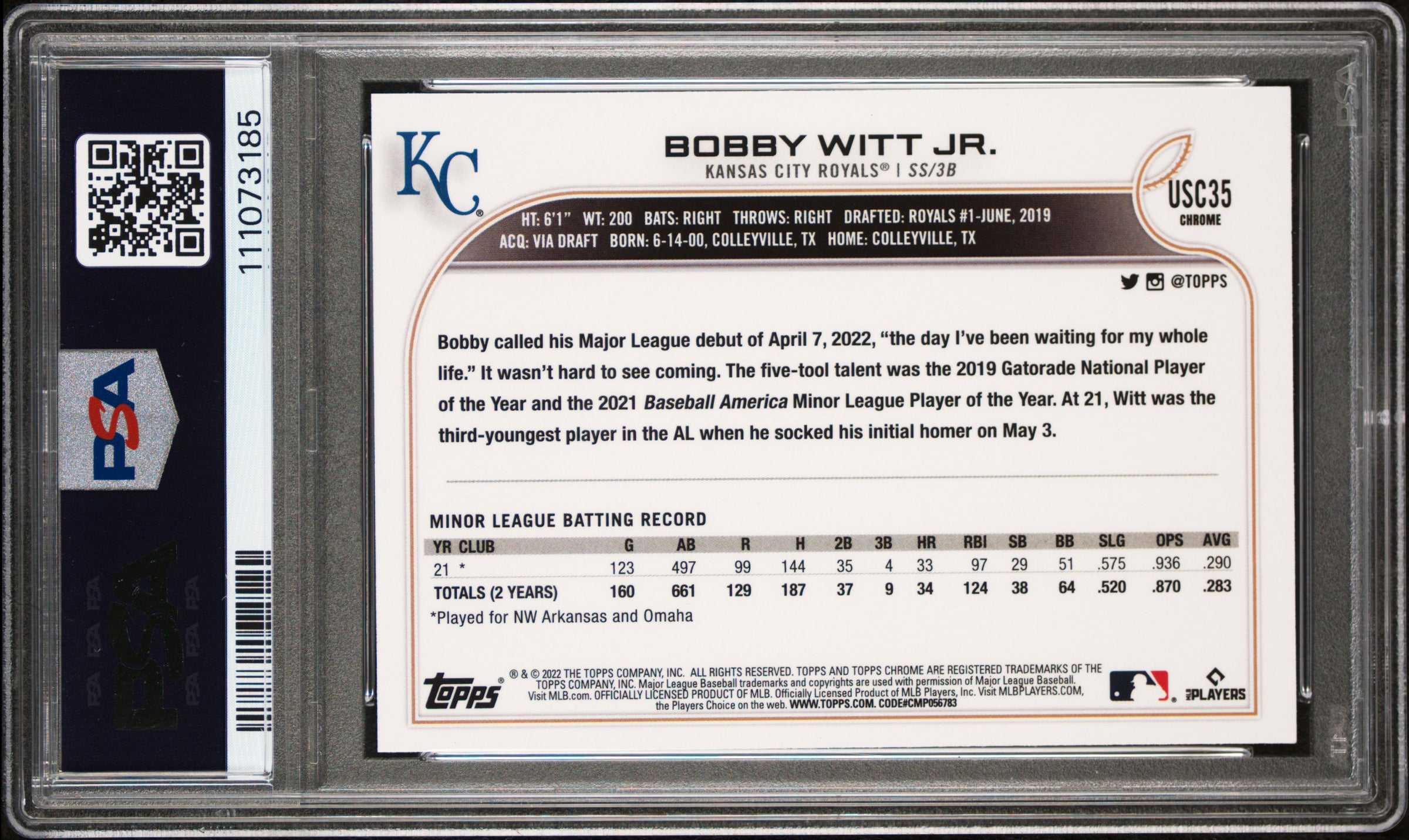 Bobby Witt Jr. Signed 2022 Topps Chrome PR #USC35 RC Card 9 Auto 10! PSA Slabbed