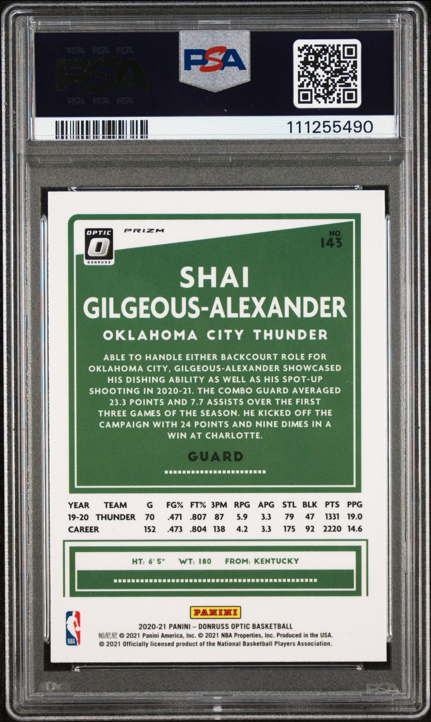 Shai Gilgeous-Alexander Signed 2020 Donruss Optic Silver Holo #143 Card PSA Slab